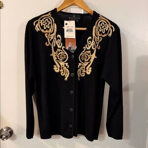 Carole Little Black Cardigan with Gold Embroidery